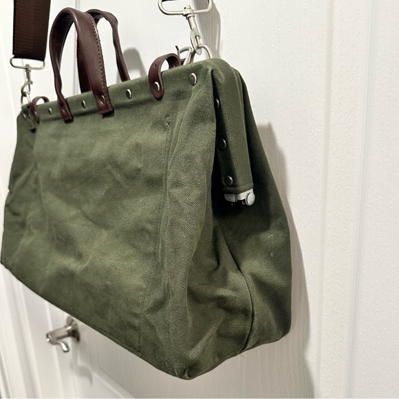 Canvas Weekender Bag LINE OF TRADE Olive Green Canvas Leather Trim - NWOT - Picture 7 of 13